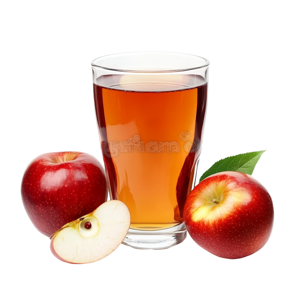 Refreshing glass of apple juice with red apples on a bright transparent background, A glass of apple juice with red apples isolated png