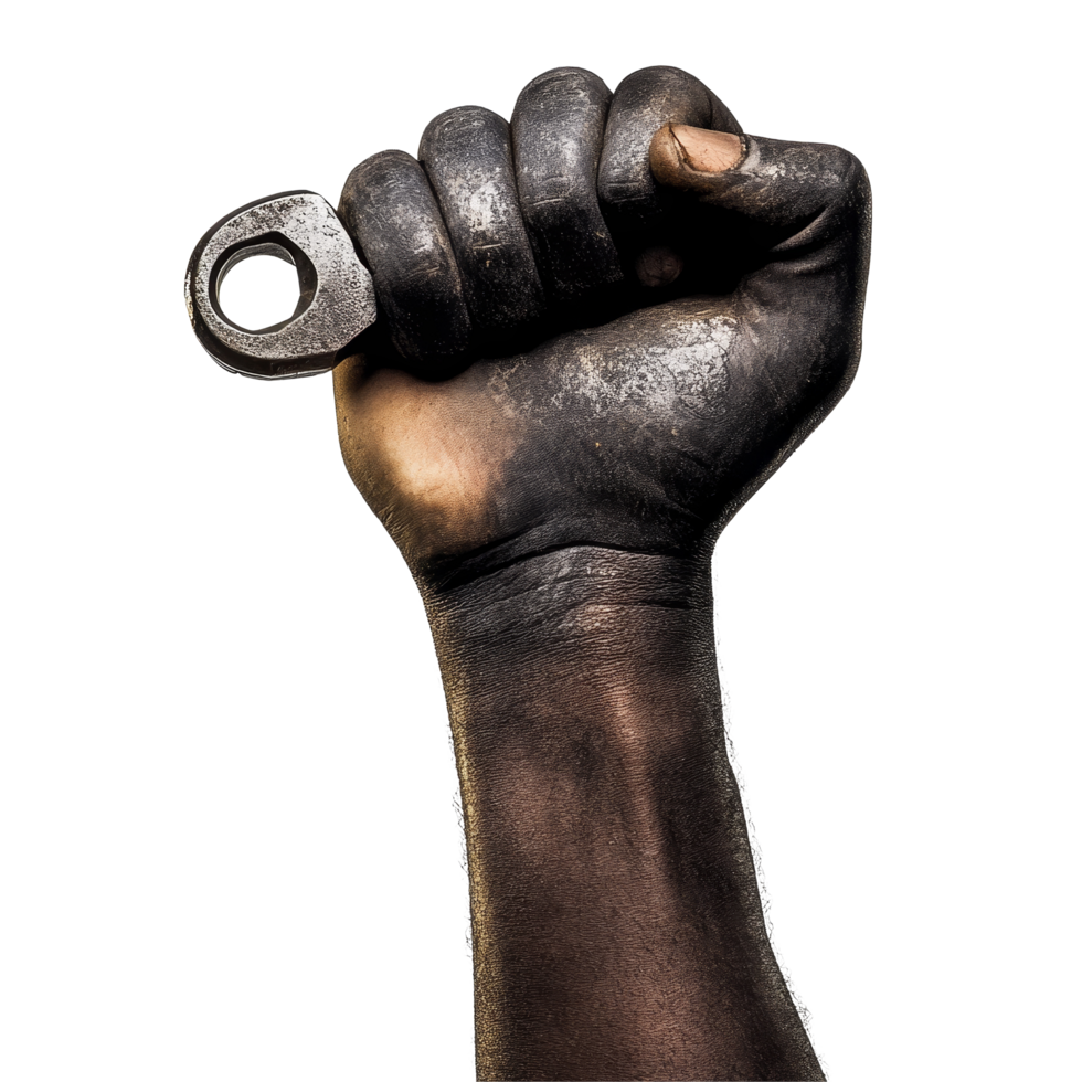 A black hand gripping a wrench shows strength and determination against a minimalistic background, Black Hand Holding Wrench on transparent background png