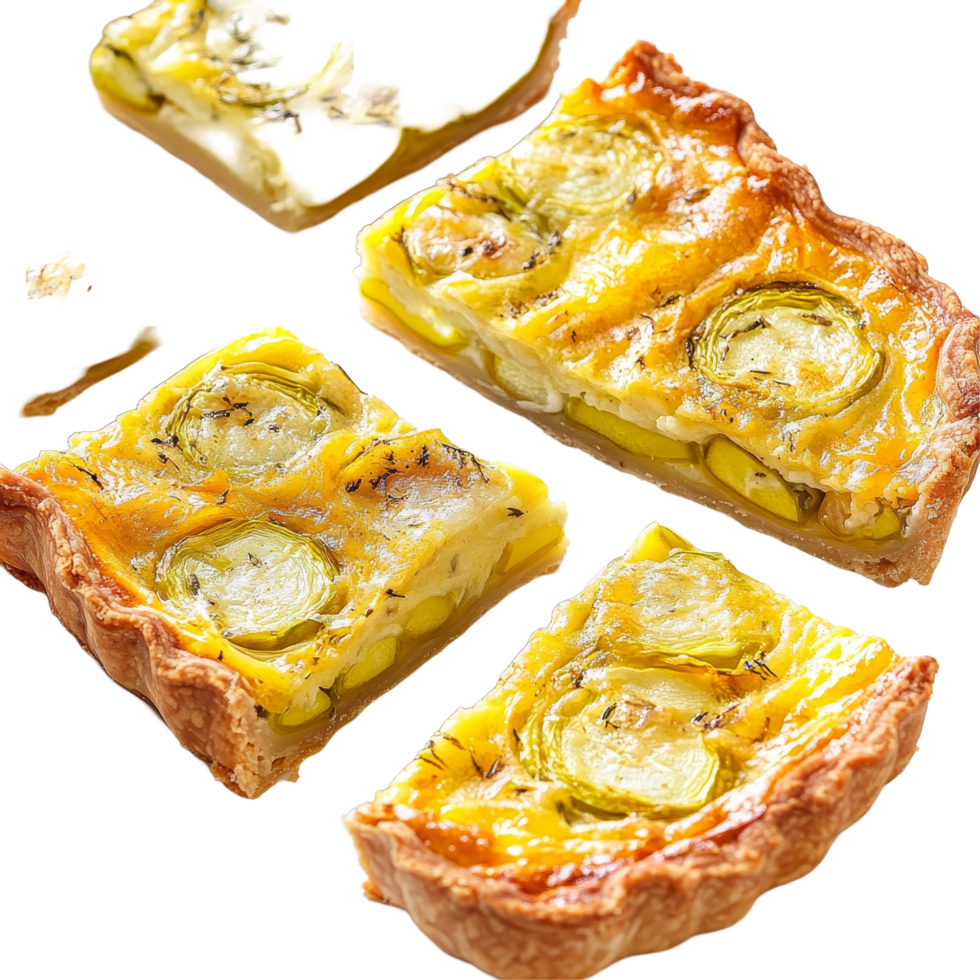 Delicious leek quiche slices served on a transparent background for a fresh culinary experience, Leek Quiche Slices on transparent background png