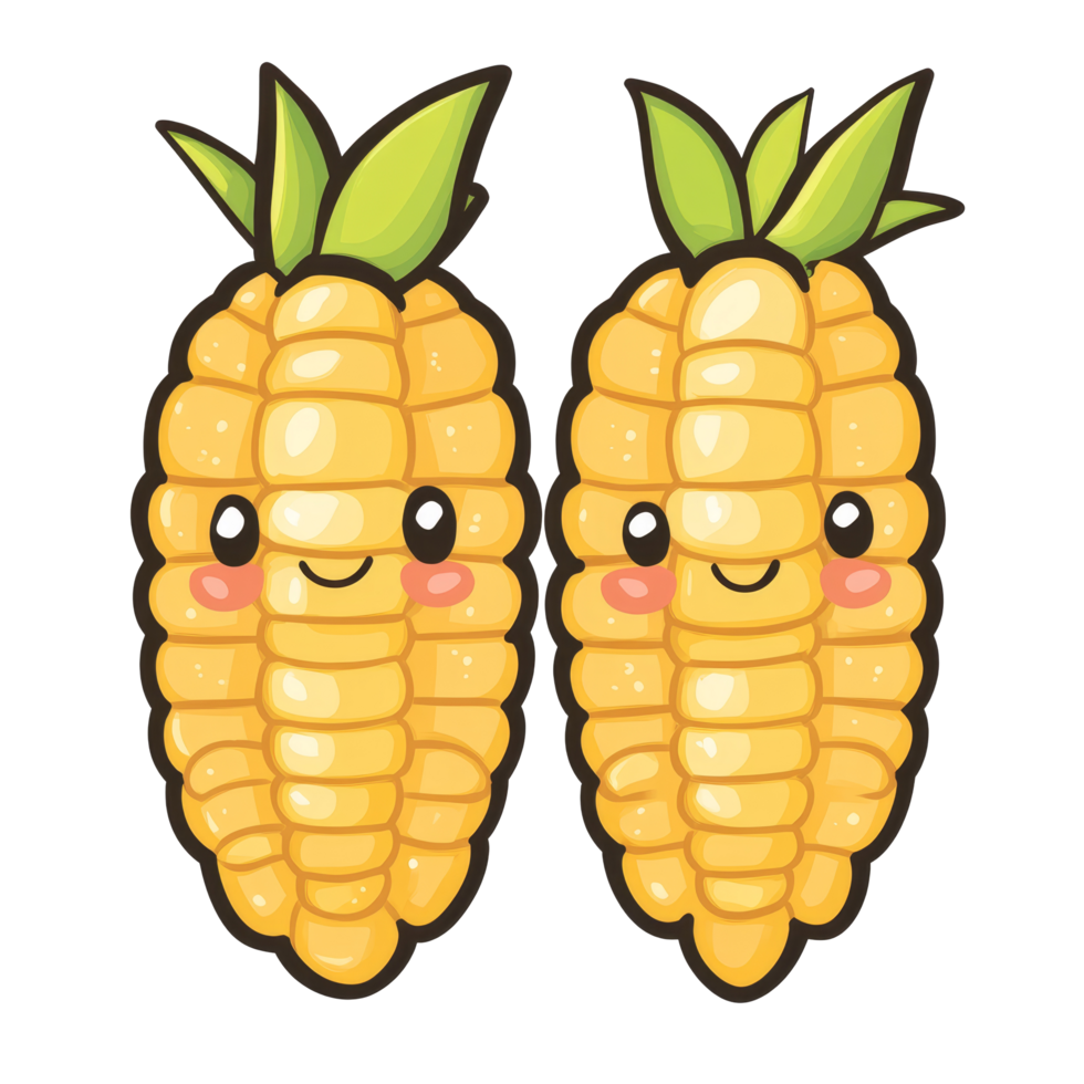 Cute kawaii style corn characters with smiling faces on a clean transparent background perfect for cheerful designs, Kawaiistyle cute two corn on a transparent background png