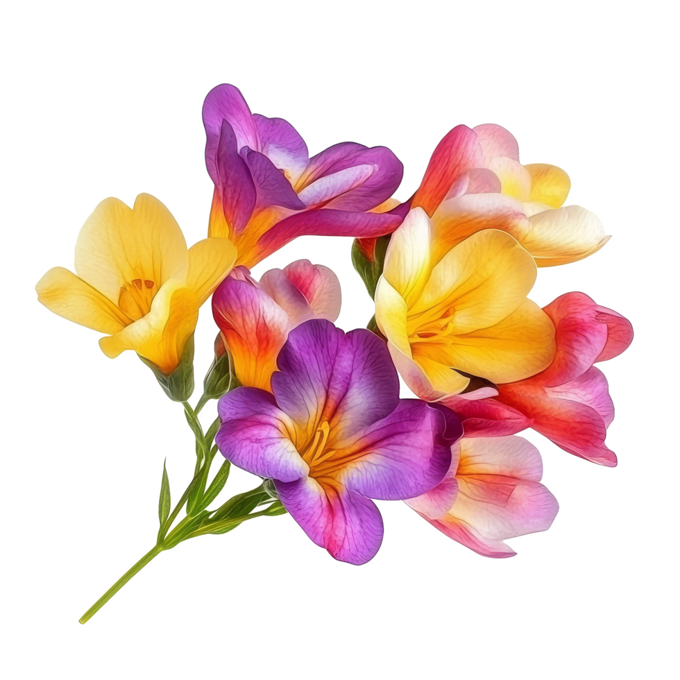 Vibrant freesia bouquet in various colors isolated on a transparent background for a fresh floral display, vibrant freesia in style, isolated on a transparent background for design layouts png