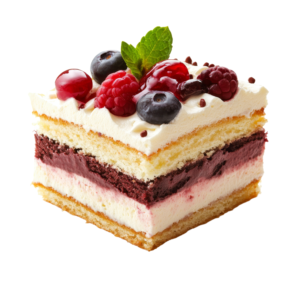 Delicious cub cake topped with fresh berries and mint, presented against a bright transparent background for an enticing dessert view, Cub cake, isolated on transparent background png