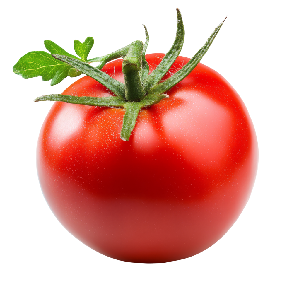 Fresh red tomato with vibrant green leaves isolated on a transparent background showcasing natural produce, Red tomato with leaves isolated png