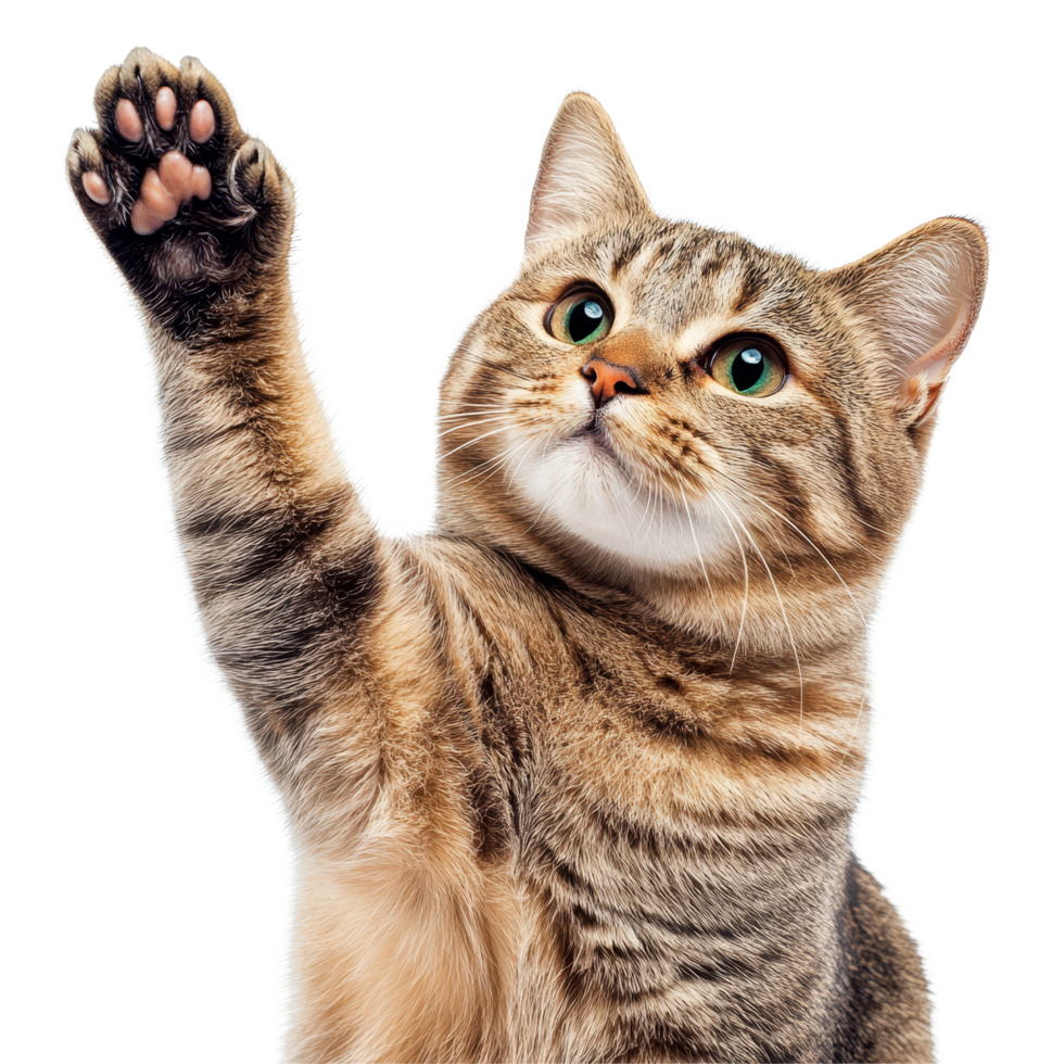 A cute cat with green eyes gives a high five while posing against a transparent backdrop, cat giving high five, look on camera, isolated transparent background png