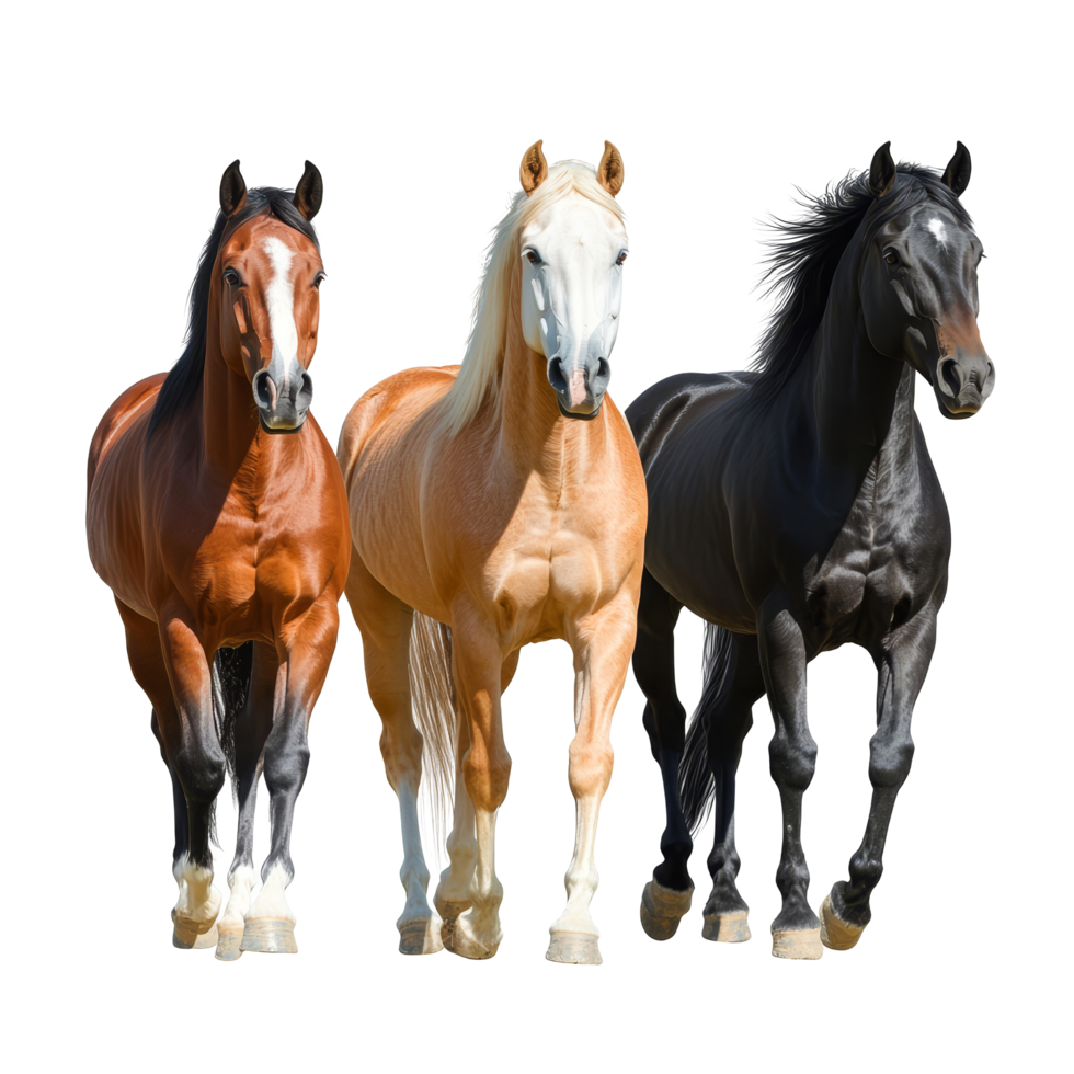 Three majestic horses of different breeds stand together on a pure transparent background showcasing their beauty and strength, horses isolated on transparent background png