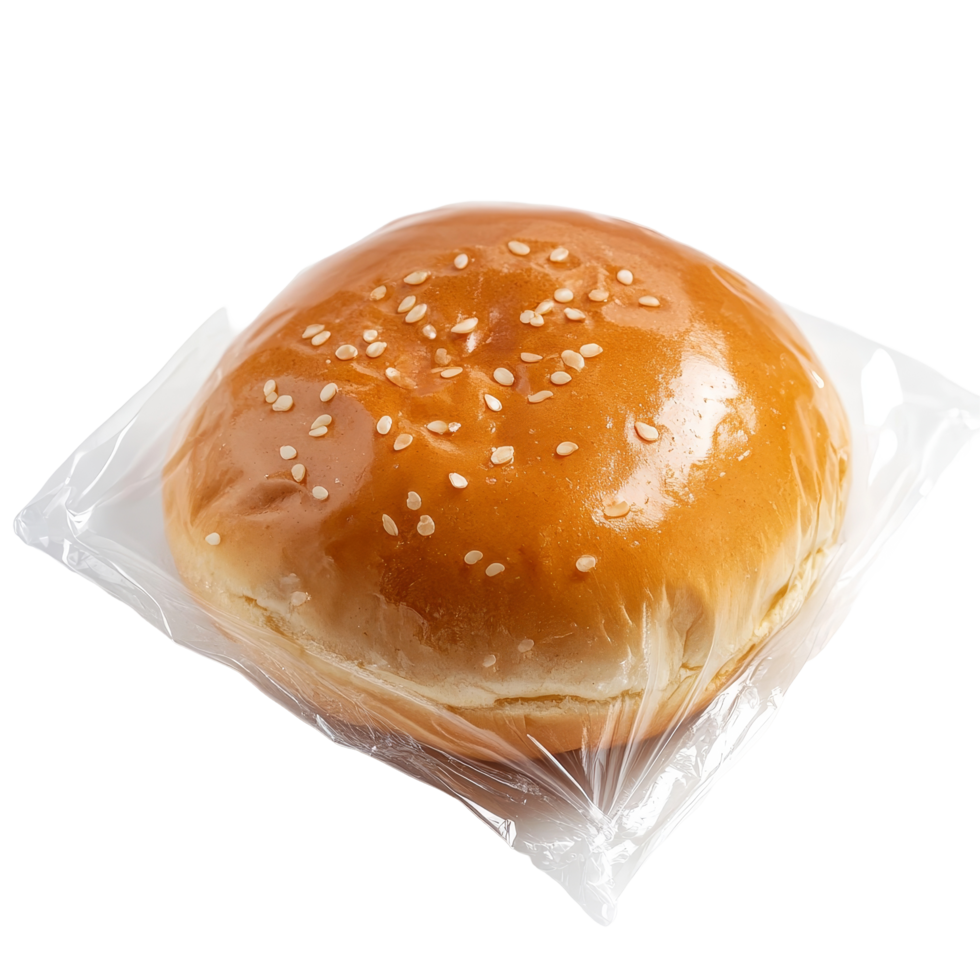 Freshly baked burger bun in a sealed plastic bag, ready for delicious meals or sandwiches, Fresh tasty fresh burger bun in a plastic bag on a transparent background png