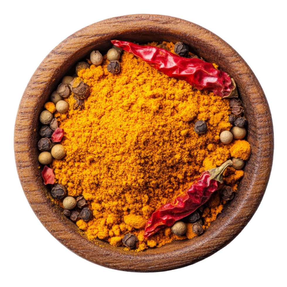 A vibrant mix of crushed red chili pepper, turmeric powder, and peppercorn in a wooden bowl at a rustic, Crushed red chili pepper Turmeric powder Peppercorn in wood bowl on transparent background png