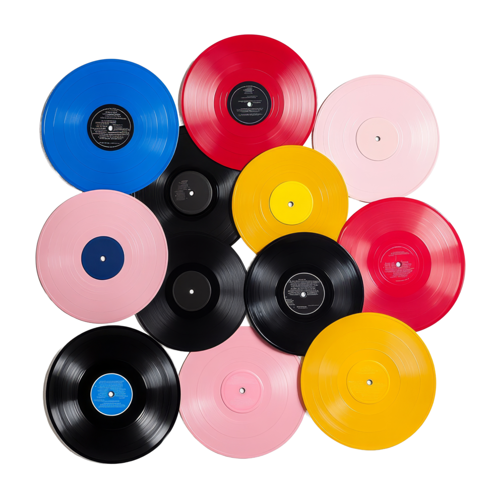 Colorful vinyl records arranged artistically on a transparent background create a vibrant display of retro music culture, Colorful Vinyl Records on transparent background png