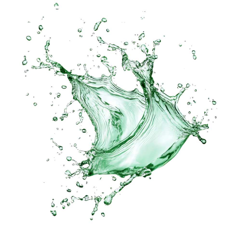 Dynamic green water splash captured midair against a crisp transparent background for vibrant visual impact, green water splash isolated on transparent background png