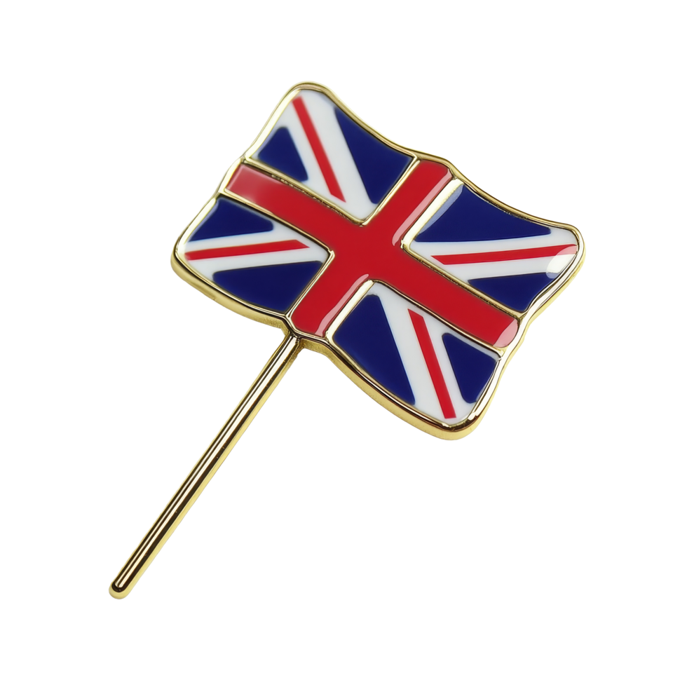 A detailed closeup of a flag pin featuring the United Kingdom flag on a transparent background, flag pin on transparent backgroundfile png