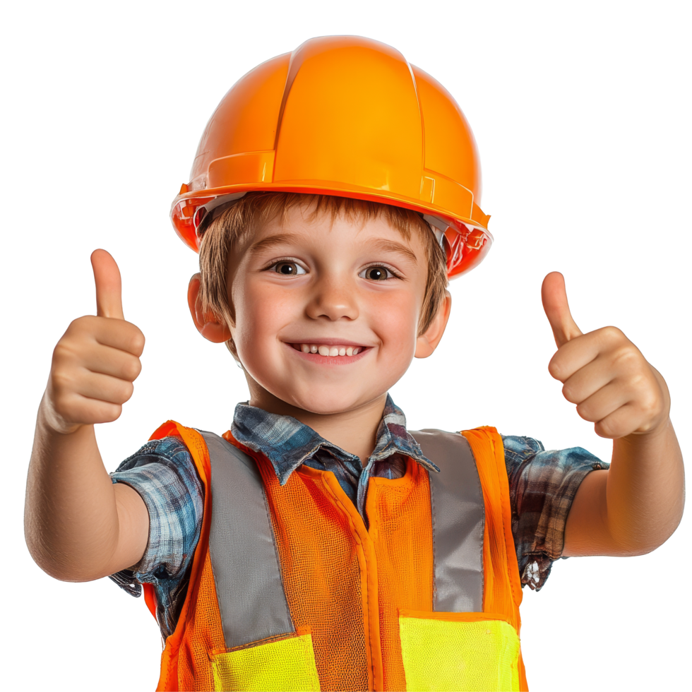 Cheerful child construction worker giving thumbs up in bright orange safety gear and helmet, Cheerful Kid Construction Worker Giving Thumbs Up on transparent background png