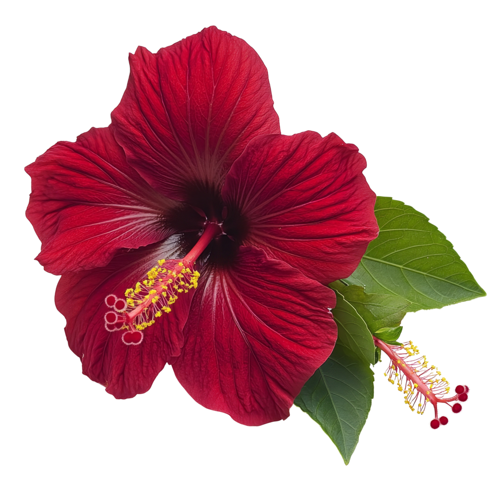 Red roselle hibiscus flower with green leaf on a clean transparent background showcasing vibrant colors and fine details, roselle hibiscus with leaf on transparent background png