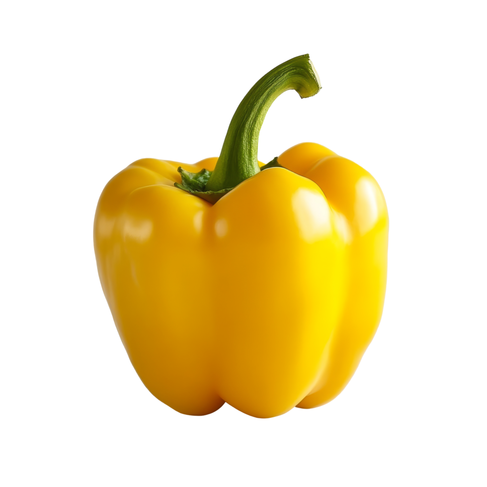 A vibrant yellow bell pepper showcasing its smooth skin and rich color against a clean transparent background, yellow pepper full depth of field on transparent background png