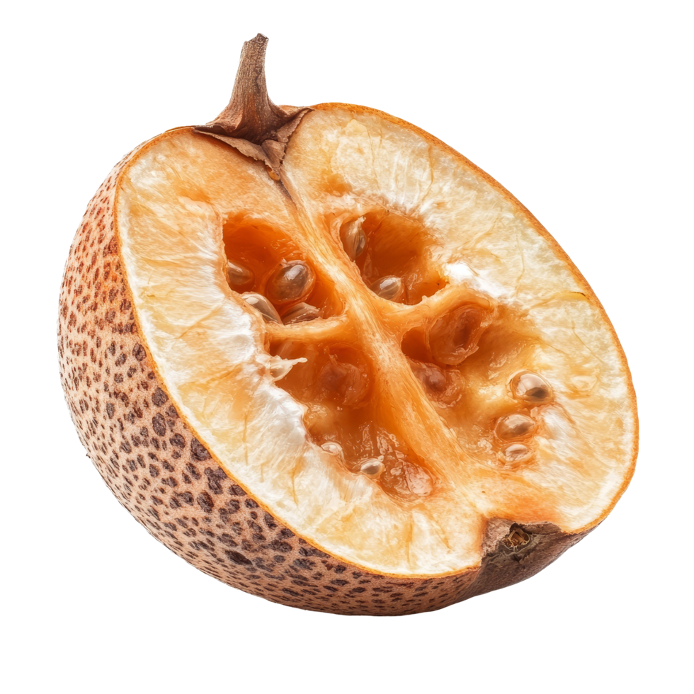 Halved santol fruit showcasing its unique texture and color on a clean transparent background, half santol fruit isolated on transparent background png