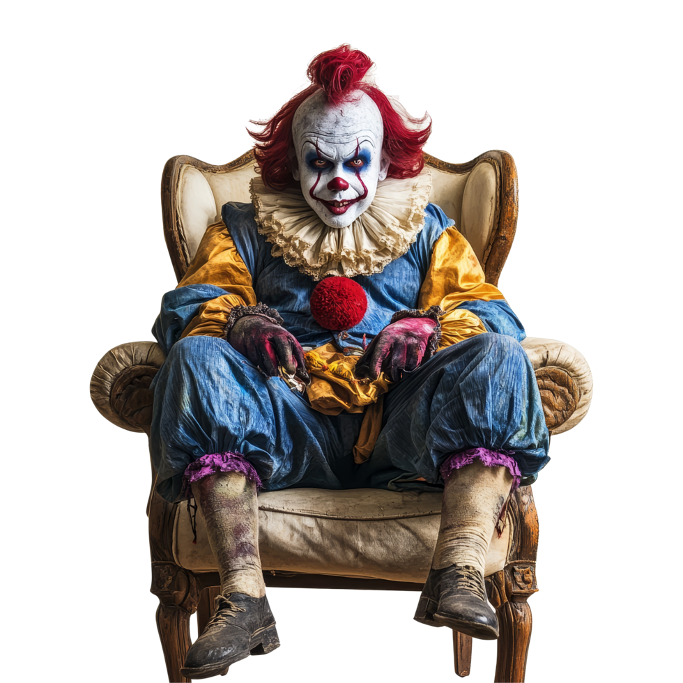 Scary clown sitting on a vintage chair against a transparent background, evoking a sense of unease and dread, Scary Clown Sitting on Chair Isolated on transparent background png