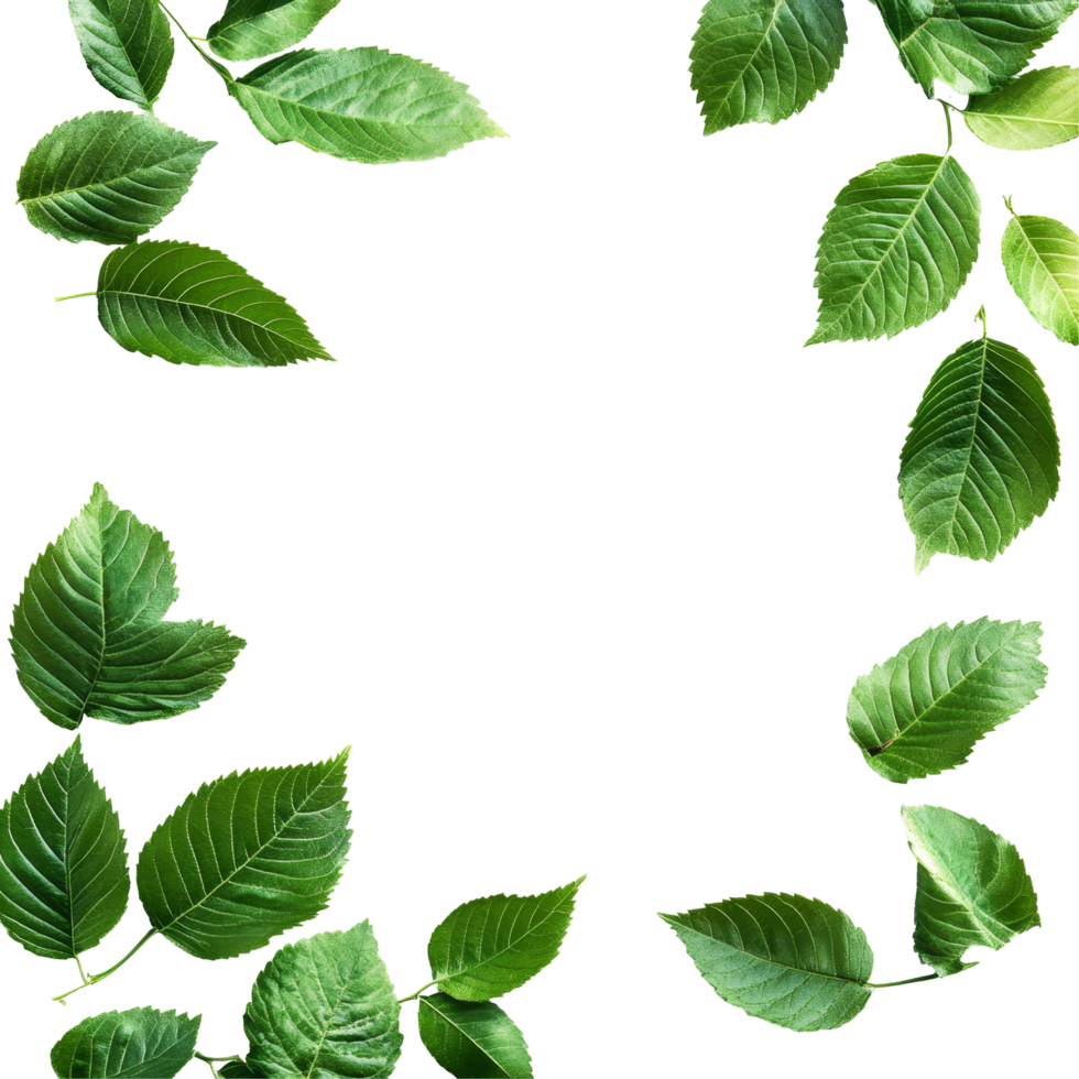 Green leaves gracefully frame a blank transparent background, creating an inviting and fresh atmosphere for any design, green leaves frame isolated on transparent png