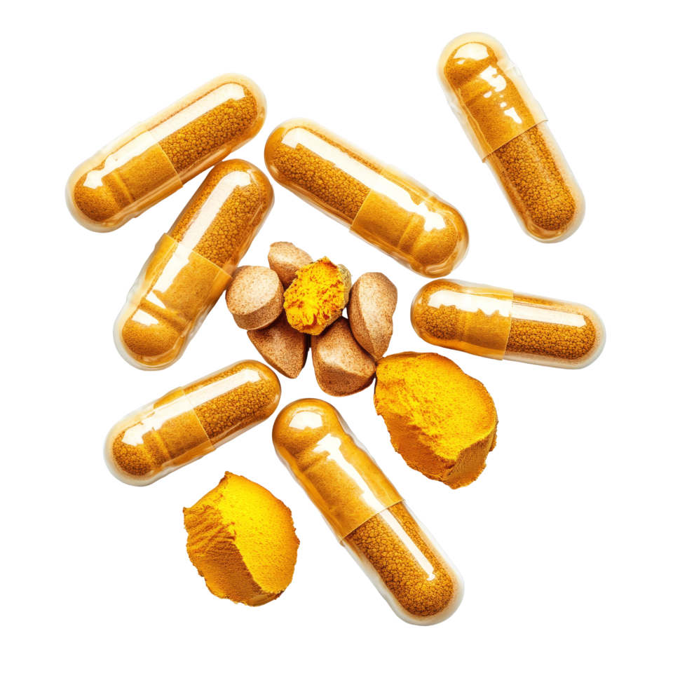 Turmeric powder and capsules arranged on a clean transparent background for health and wellness enhancement, turmeric and capsules on transparent background png