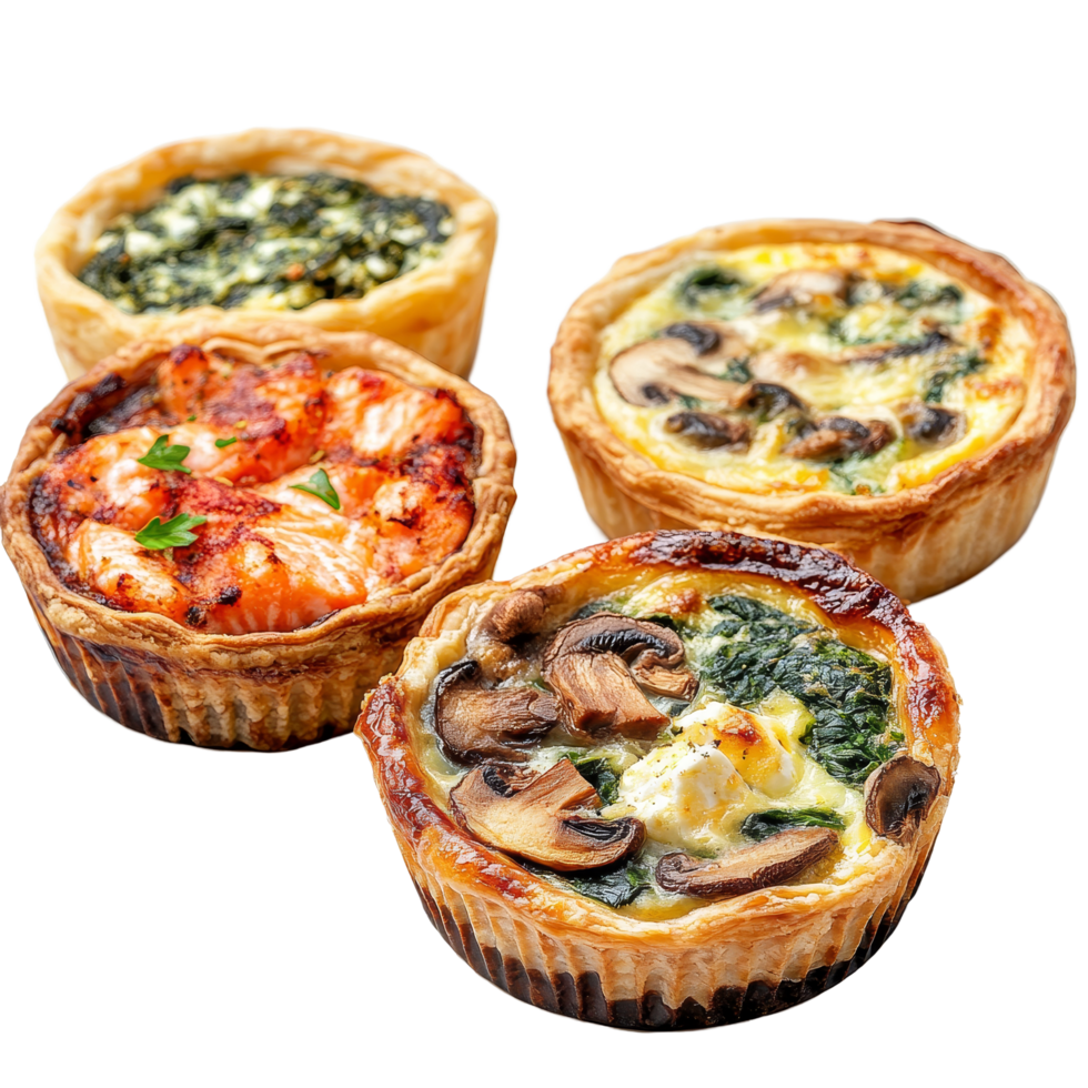 Delicious quiches featuring classic Lorraine, mushroom, spinach, and feta varieties served on a transparent background, Quiches Classic Lorraine, Mushroom, Spinach Feta, and Salmon on transparent png