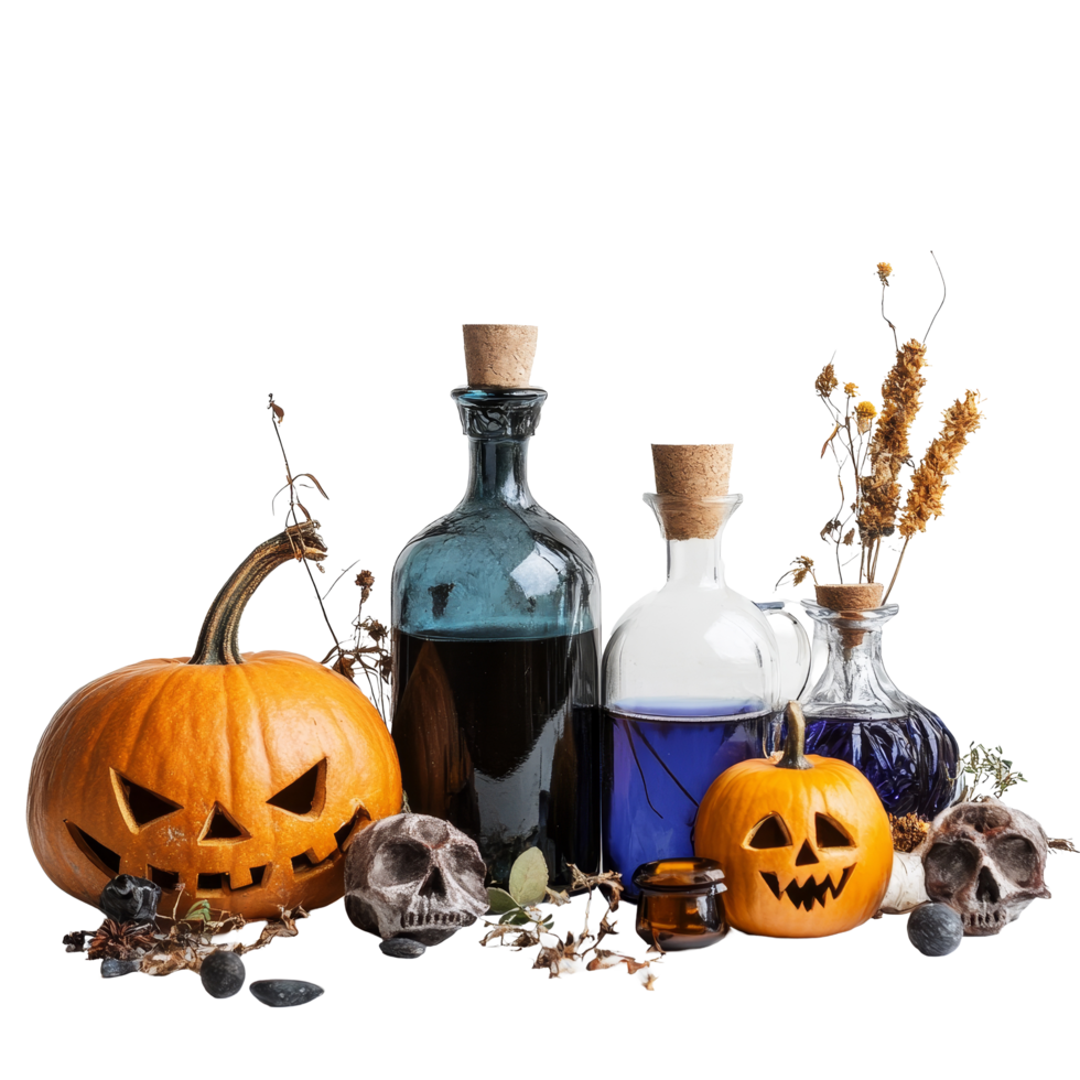 Colorful magic potions and jackolanterns arranged for Halloween decoration on a clean transparent background, Magic potions halloween decoration on transparent background png