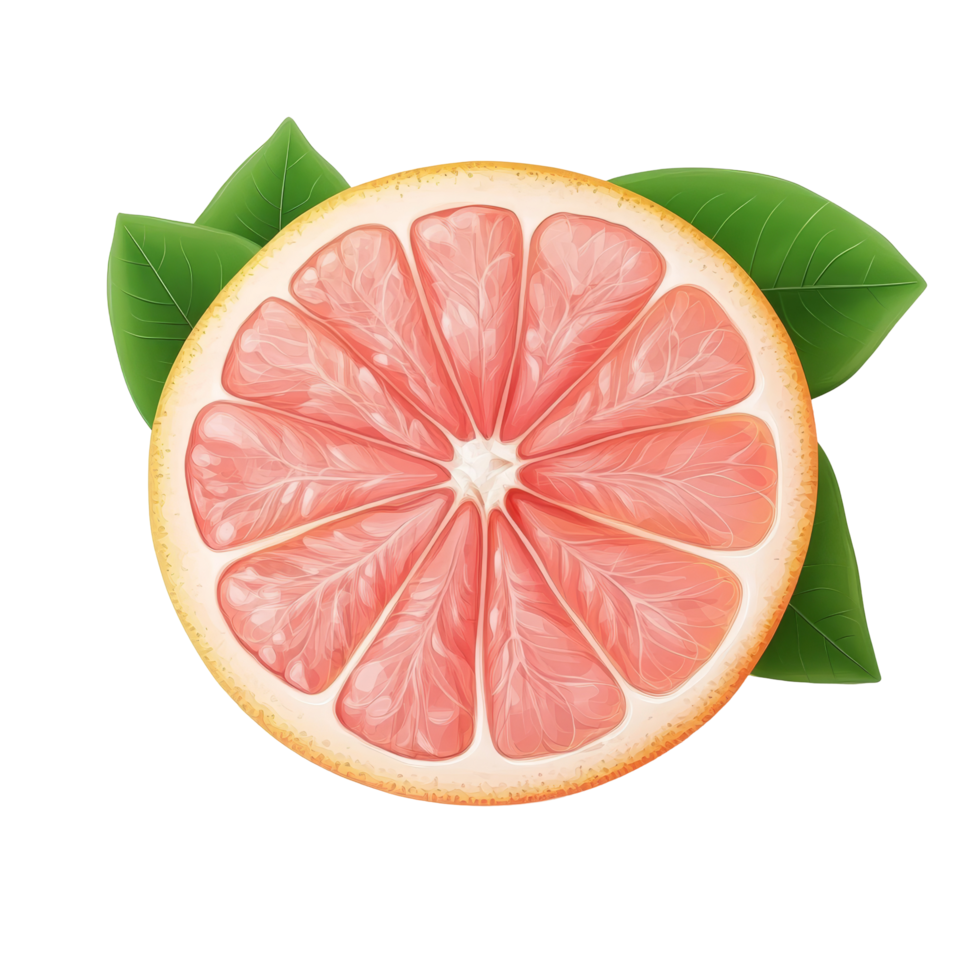 Fresh pink grapefruit citrus fruit with vibrant interior and green leaves on a clean transparent background, pink grapefruit citrus fruit isolated on transparent background png