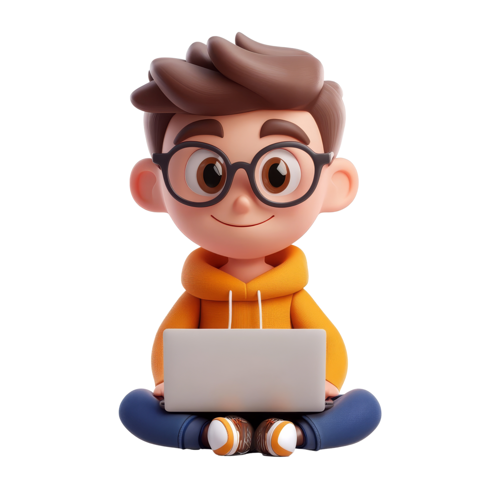 A cute cartoon character with glasses using a laptop while sitting on the floor, 3D Cartoon Character with Laptop Cute Guy Avatar Isolated on transparent background png