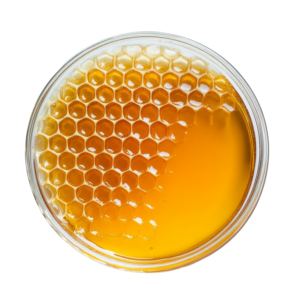 Fresh honey displayed in a petri dish on a transparent background showcasing its natural texture and color, Honey in petri dish over transparent background flat lay png