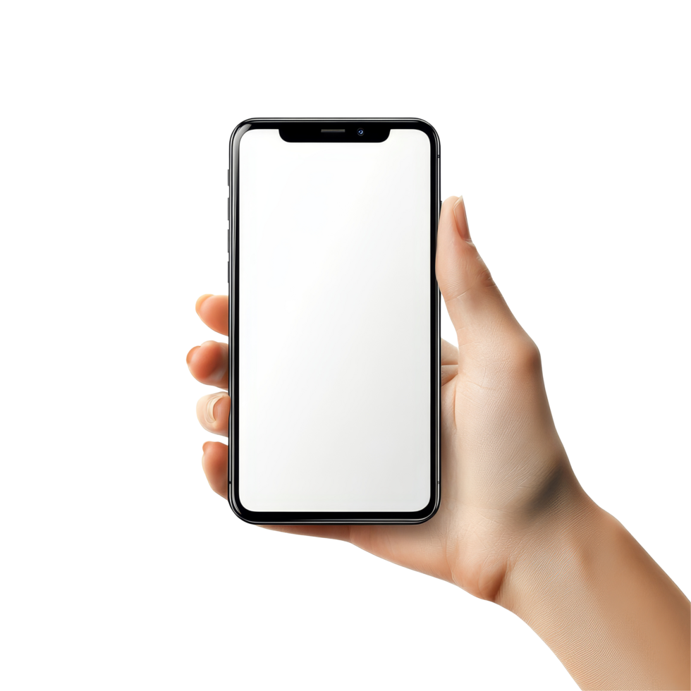 A hand holding a smartphone with a blank screen against a transparent background in a clean environment, Hand using mobile phone display, smartphone screen mockup, cellphone isolated on transparent png