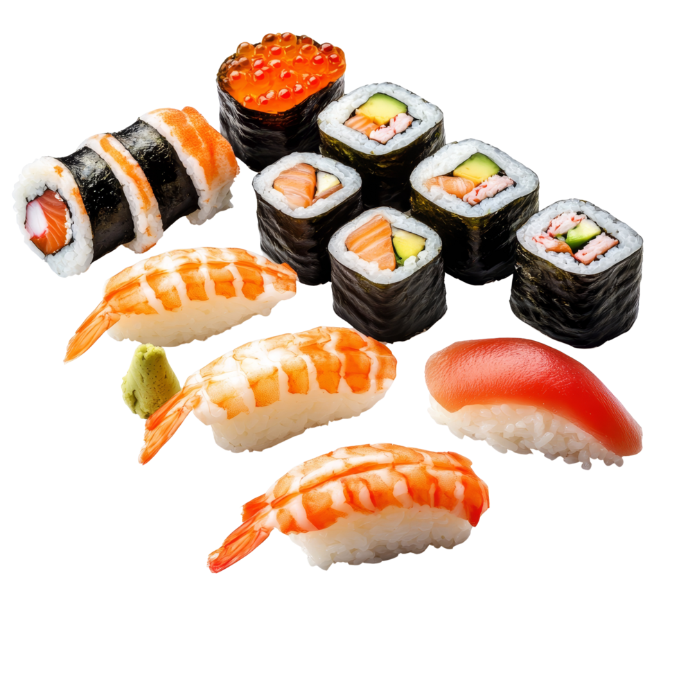 Delicious assortment of fresh sushi rolls and nigiri thoughtfully arranged on a transparent background, Fresh tasty sushi on a transparent background png