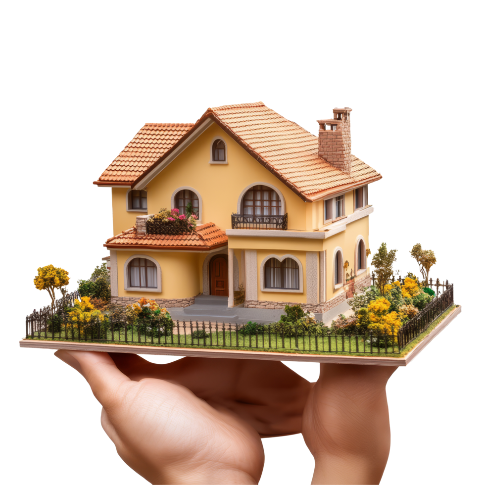 A hand gently holding a detailed model house showcasing its charming architecture and landscaping features, file no background Hand holding a model house png