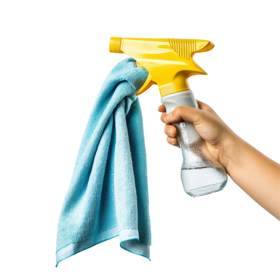 A hand holding a sprayer bottle and a fiber cloth prepared for cleaning tasks at home, Hand holding fiber cloth and sprayer, detergent bottle for cleaning, isolated on transparent background png