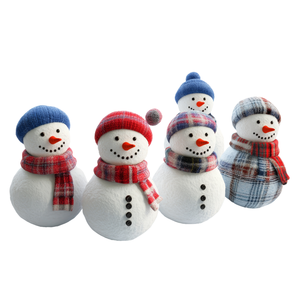 Five cheerful snowmen dressed in colorful hats and scarves on a bright winter day, Multiple snowman on transparent background png