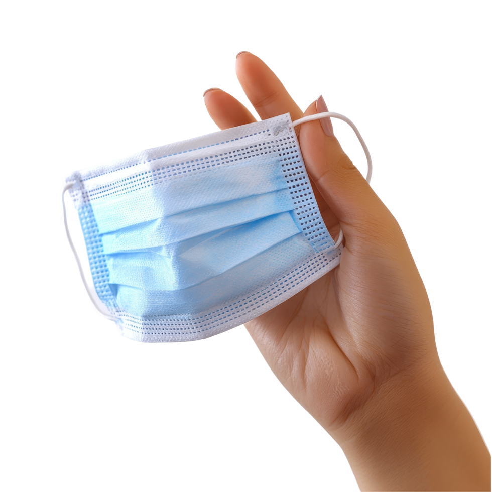 A hand holding medical face masks for protection against COVID19 in a clean setting during 2023, hand is showing medical face masks for covid19 virus protection on transparent backgroundfile png