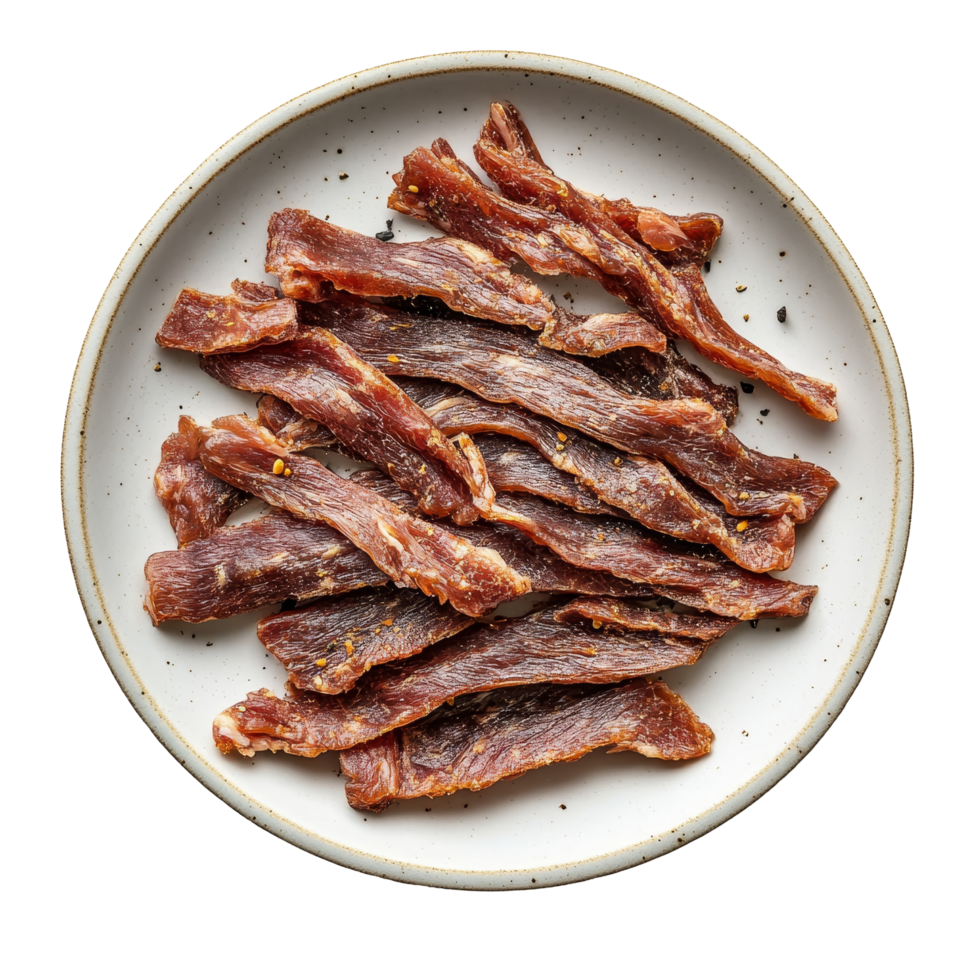Dried meat strips arranged neatly on a plate captured from above against a background, dried meat strips on plate shot from above isolated on transparent background png