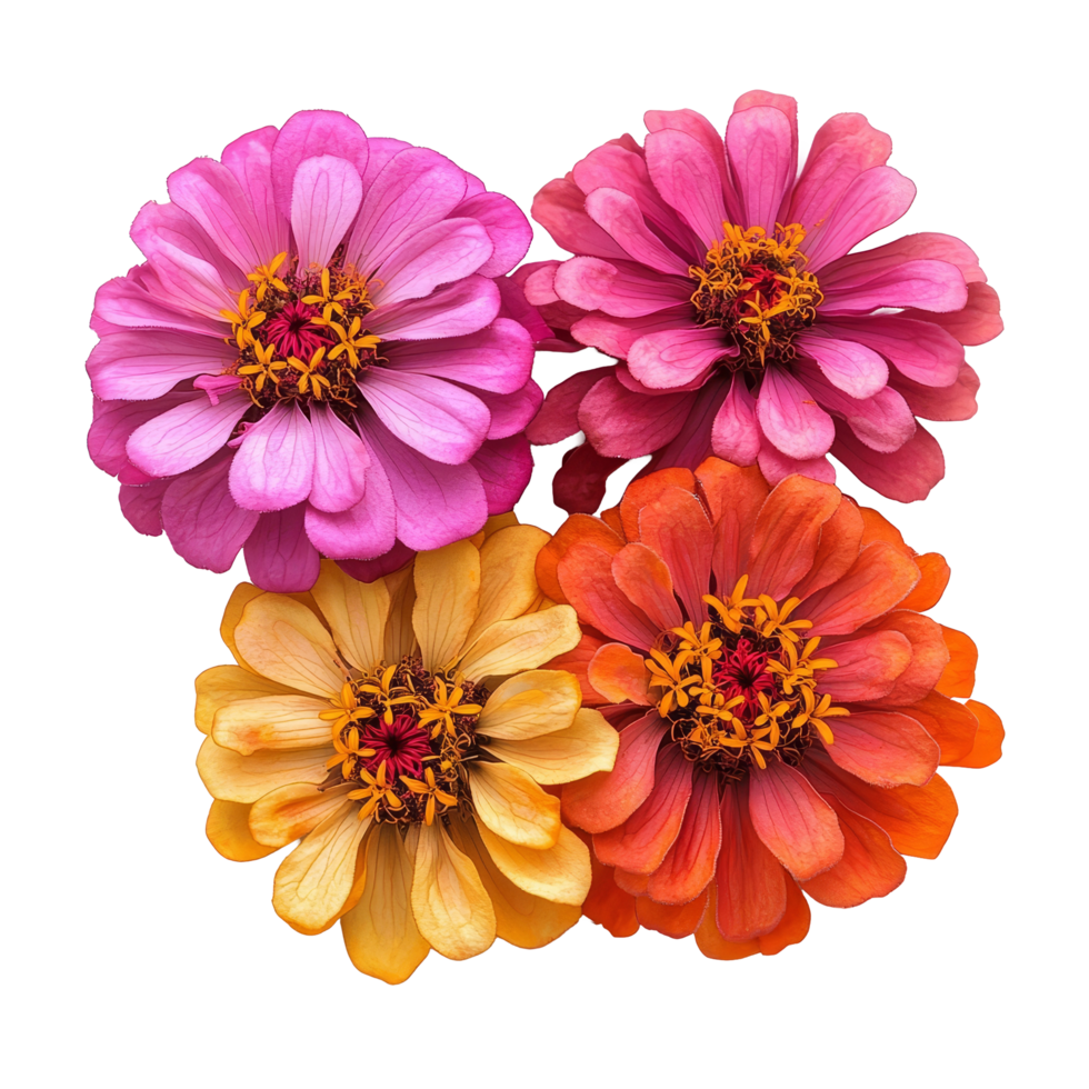 Beautiful zinnia flowers in vibrant colors isolated on a transparent background showcasing natures elegance and charm, zinnia flowers isolated on transparent background png