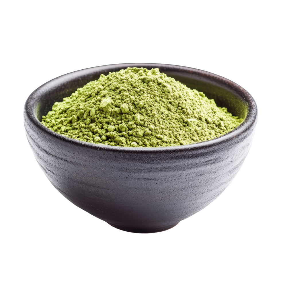 Powdered matcha green tea in a traditional bowl on a plain transparent background, powdered matcha green tea in bowl isolated on transparent background png