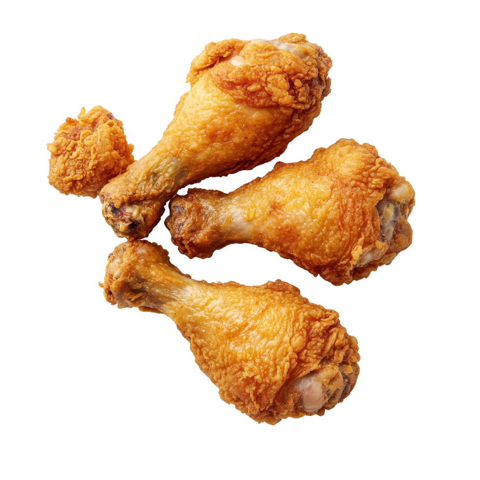 Delicious golden brown fried chicken drumsticks on a clean transparent background perfect for any meal or event, Golden brown fried chicken drumsticks on transparent background png
