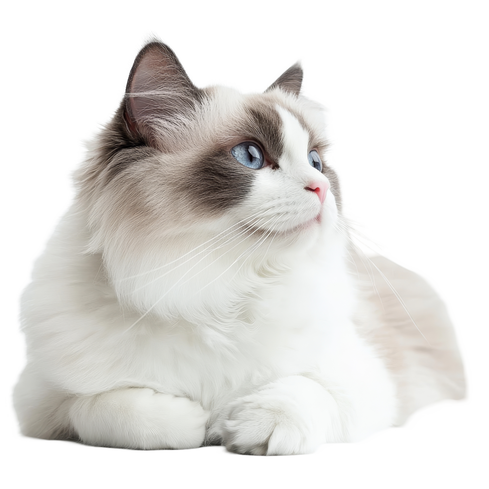 A graceful Ragdoll cat resting elegantly, showcasing its fluffy coat and striking blue eyes in a serene indoor setting, Graceful Ragdoll Cat Showcasing Its Full Body on transparent background png