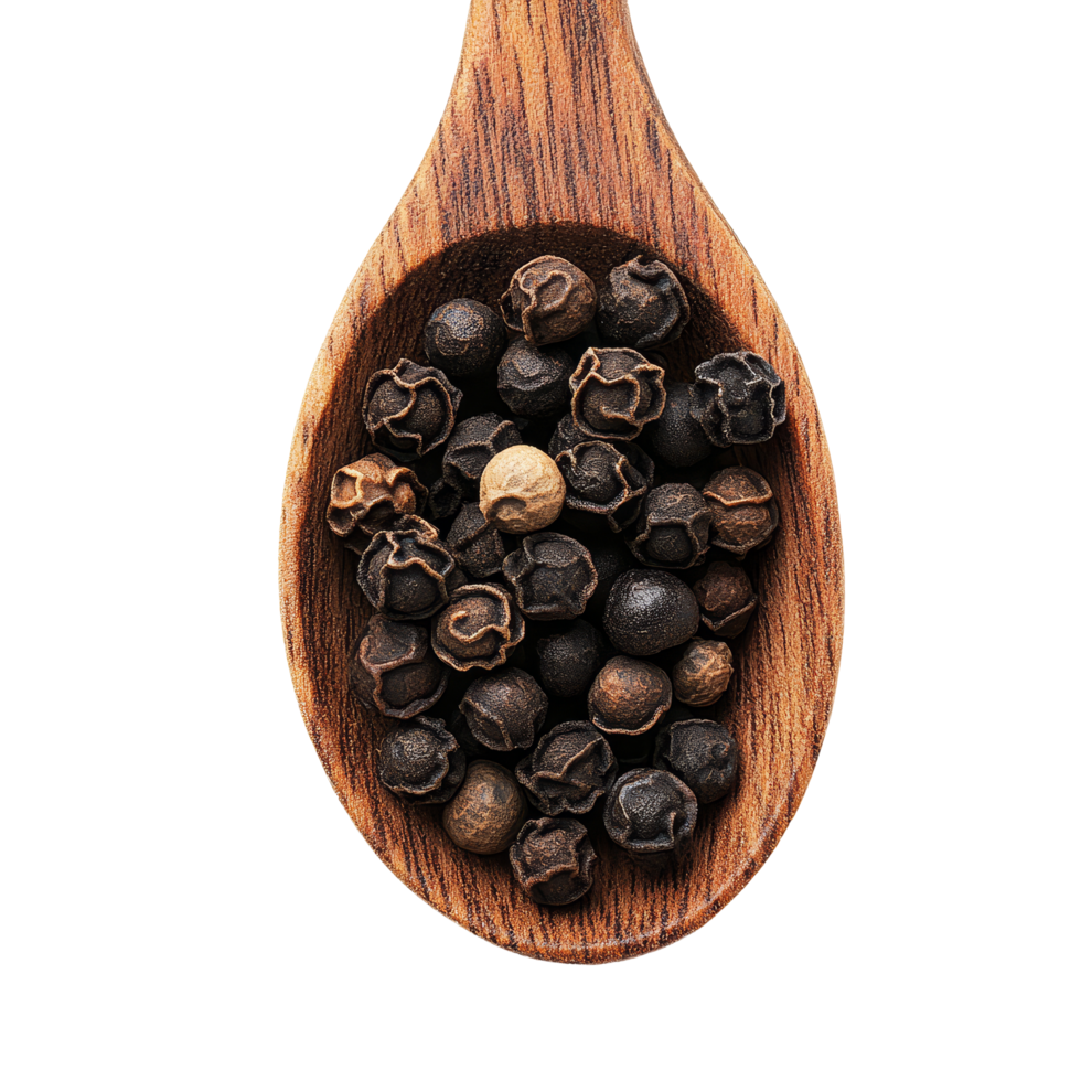 Black pepper corns in a wooden spoon on a transparent background ready for culinary use, Black pepper corns in wood spoon isolated on transparent background top view png
