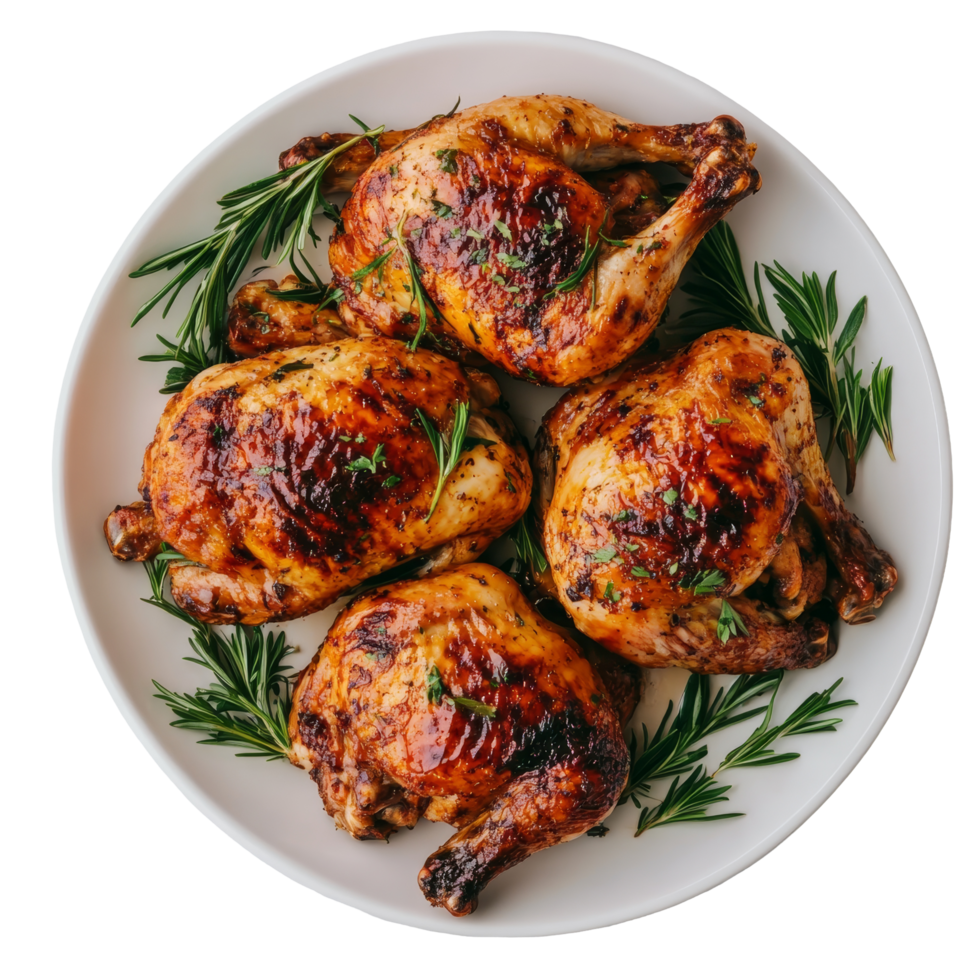 Deliciously roasted chickens garnished with herbs on a clean transparent background, perfect for meals and gatherings, Roasted Chickens on transparent background png