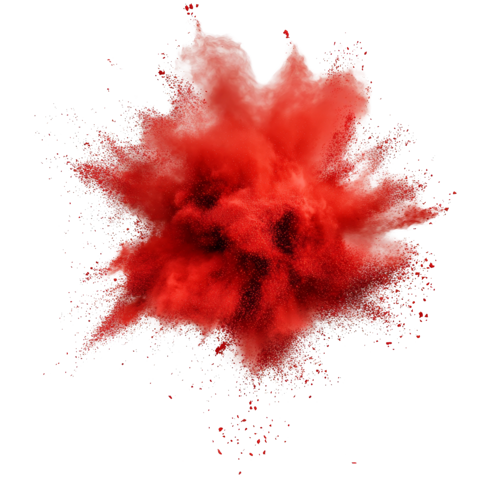 Vivid red powder explosion creating dynamic cloud on transparent background, red powder pulver explosion isolated on transparent background png