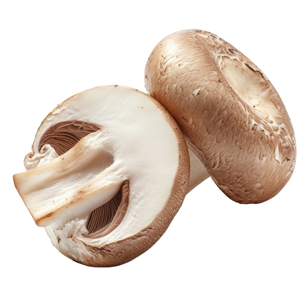 Fresh half champignon mushrooms isolated on a clean transparent background showcasing their unique texture and shape, half fresh champignon mushrooms isolated on transparent background png