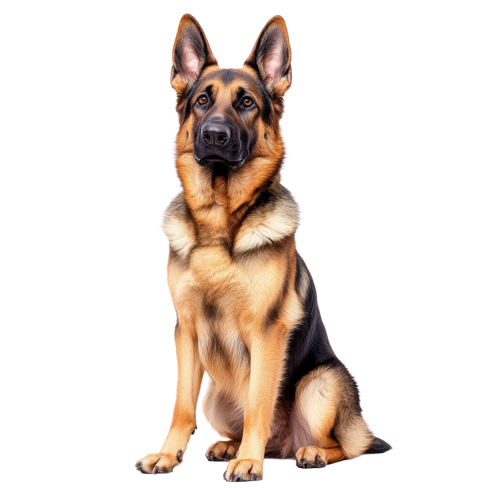 A captivating German Shepherd dog sitting elegantly against a pure transparent background showcasing its striking features, Captivating German Shepherd Dog Isolated on a transparent background png