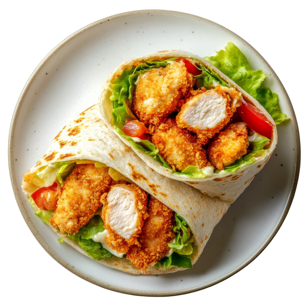 Crispy chicken wrap filled with lettuce and tomatoes served on a plate against a transparent background, perfect for a tasty lunch or snack, Crispy Chicken Wrap on Plate transparent background png