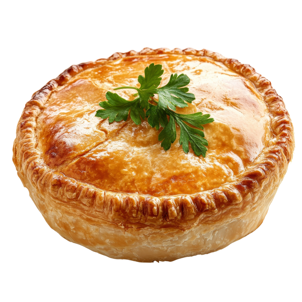 Delicious fresh meat pie garnished with parsley on a clean transparent background, Fresh tasty meat pie on a transparent background png