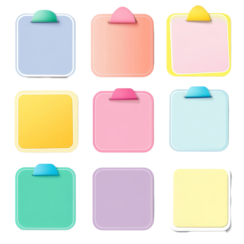 Colorful collection of sticky notes arranged in a grid on a transparent background for creative planning and organization, Stickers paper label on transparent backgroundfile png