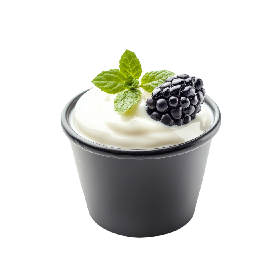 Delicious creamy yoghurt topped with fresh blackberries and mint leaves in a cup on a transparent background, yoghurt in a cup isolated on transparent background png