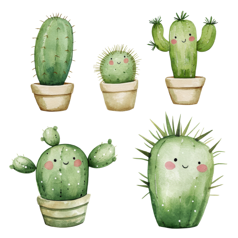 Adorable watercolor kawaii cactus collection featuring cheerful plants in simple pots, kawaii cute cactus illustration transparent background png