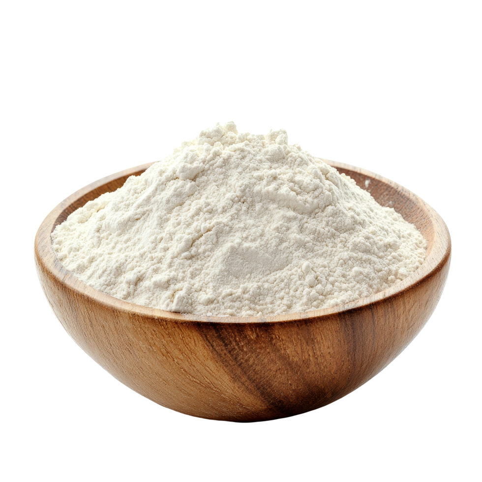 A fresh pile of flour in a wooden bowl isolated on a clean transparent background for culinary use, Pile of flour in wood bowl isolated on transparent background png