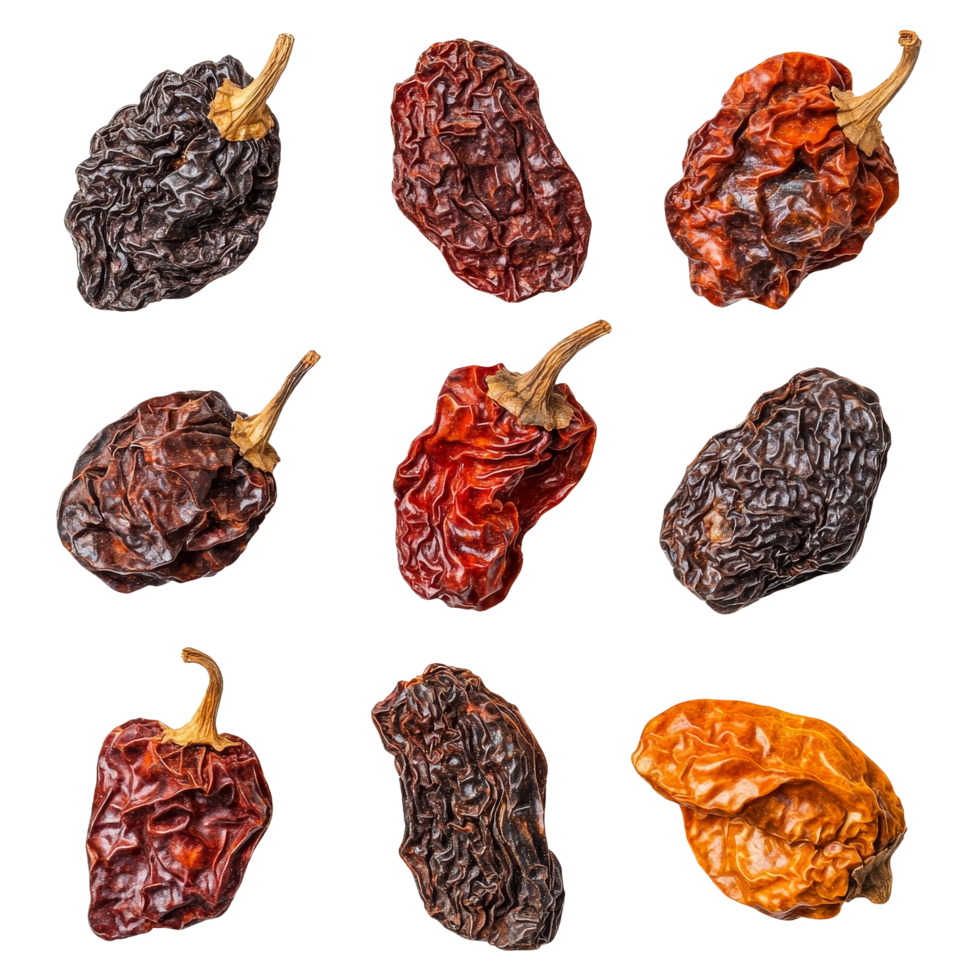 A collection of assorted dried chipotle peppers arranged on a clean transparent background for culinary display and inspiration, dried chipotle pepper isolated on transparent background png