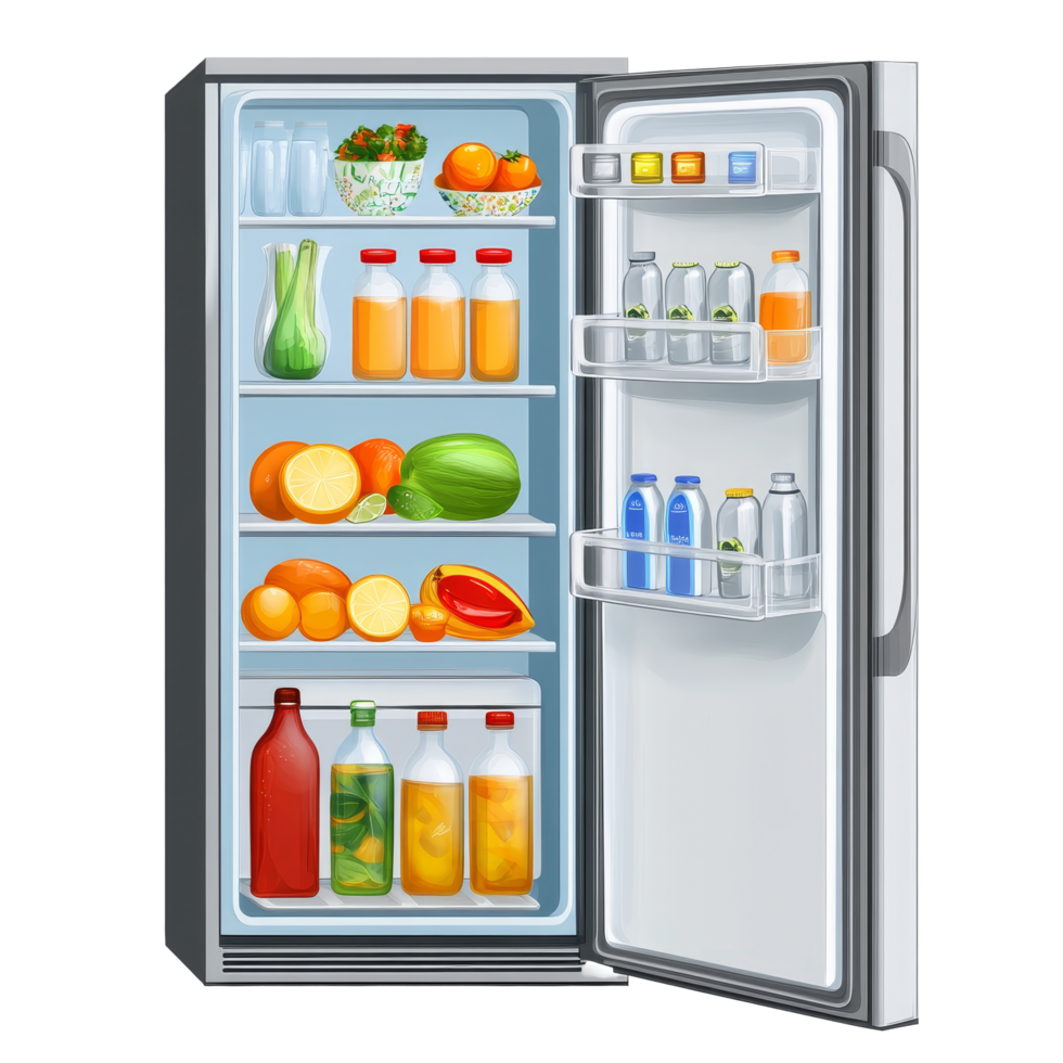 Transparent fridge displaying a variety of fresh fruits, juices, and beverages in an organized manner, Illustration of a dragon on transparent background png